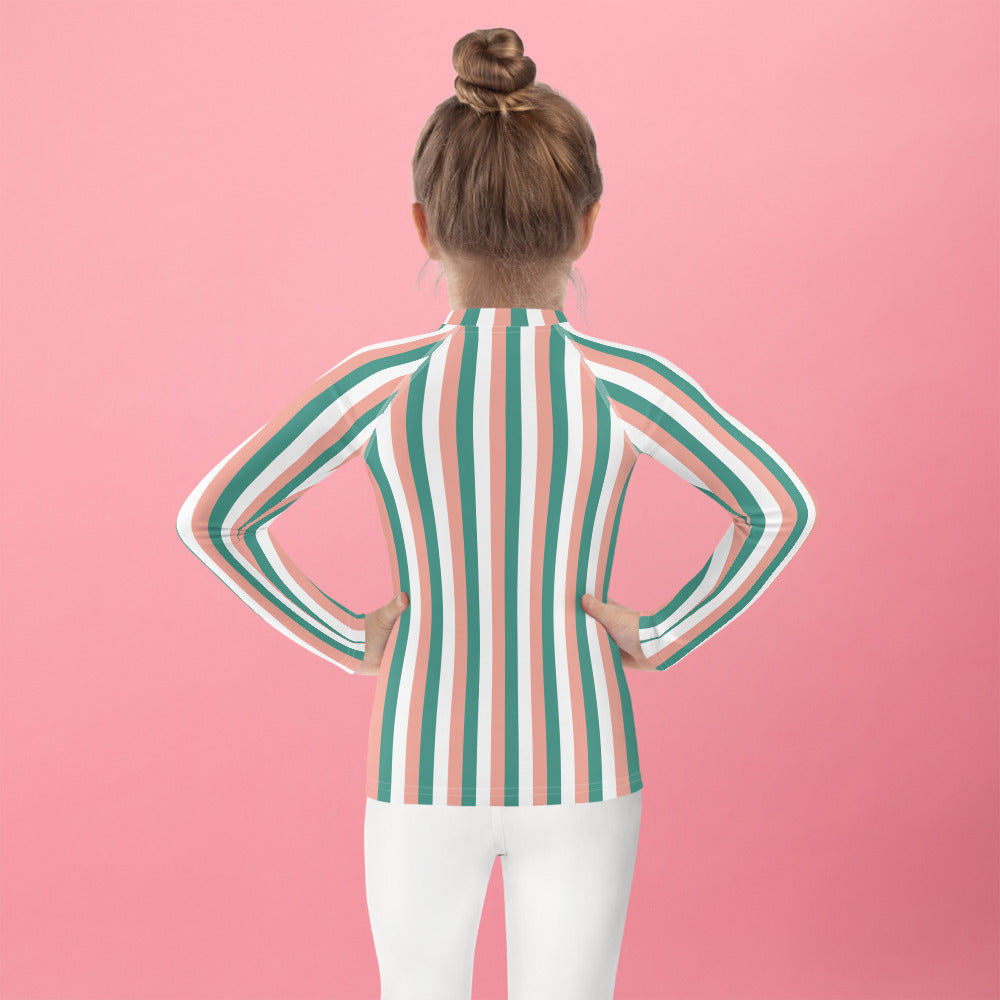 kids long sleeve rash guard swim top UPF50 palm beach by day pink green stripes.