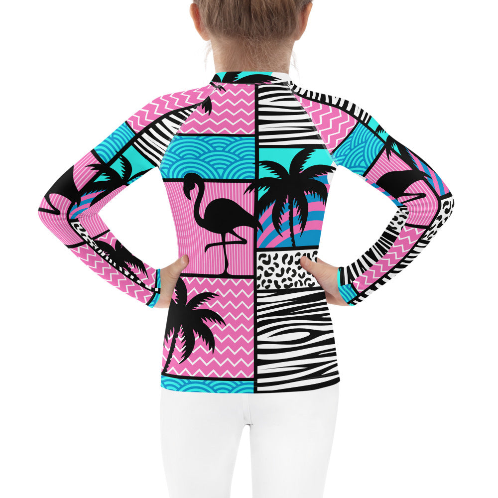 kids long sleeve rash guard swim top UPF50 miami by night blue pink art deco.