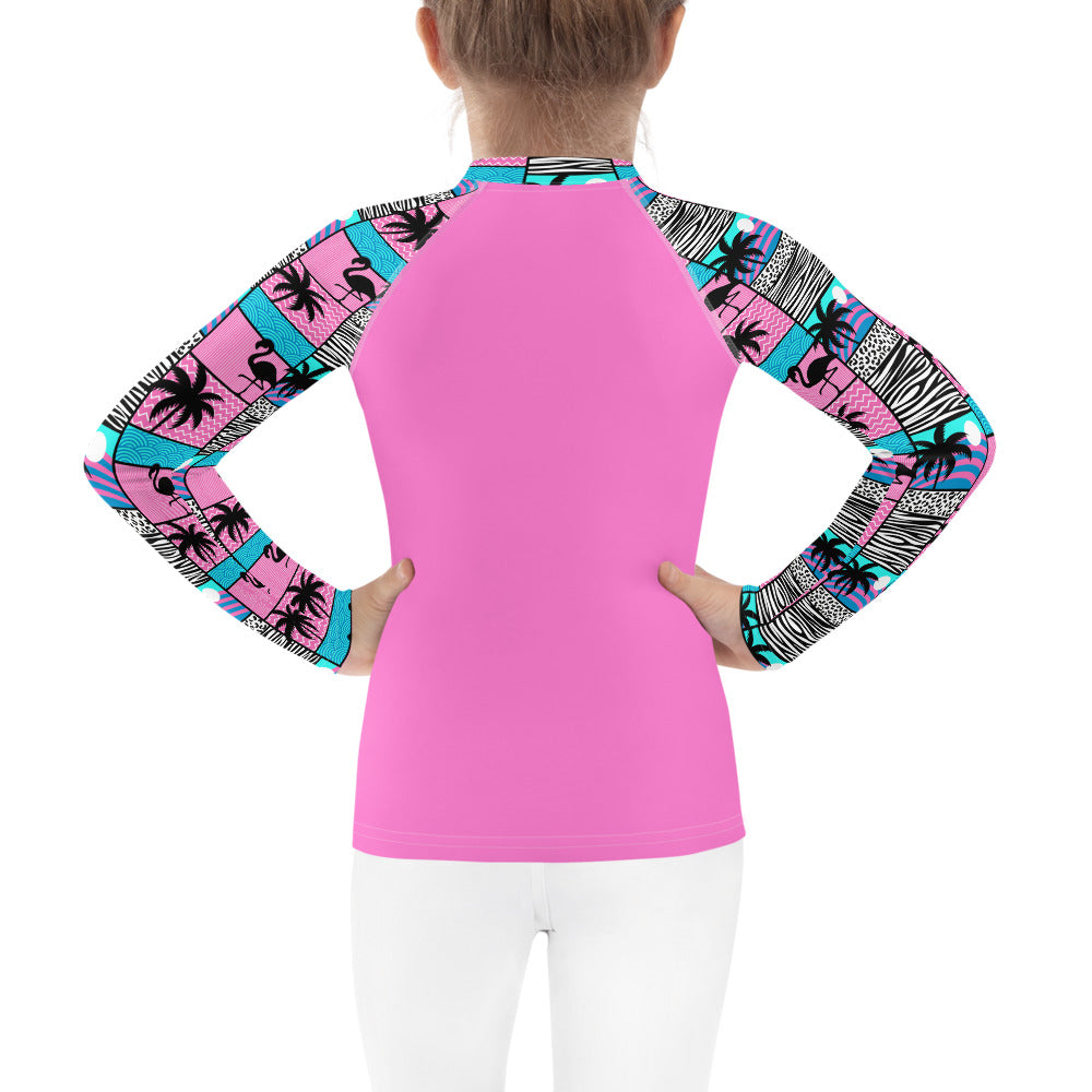 YMT classics kids long sleeve rash guard swim top UPF50 by day blue pink art deco.