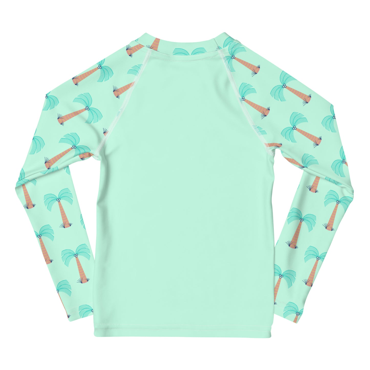 YMT classics kids long sleeve rash guard swim top UPF50 by day blue green mint palm trees.