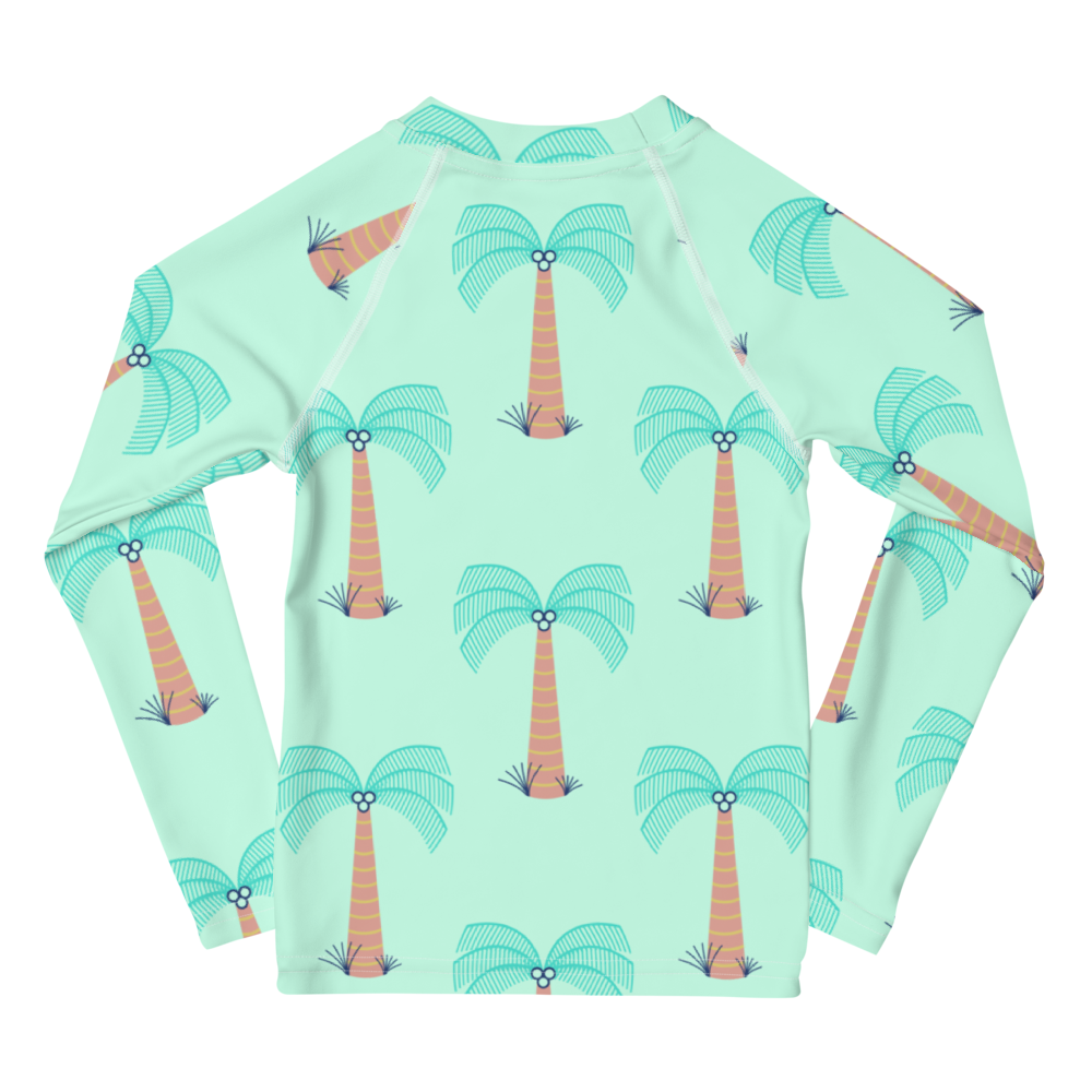 kids long sleeve rash guard swim top UPF50 miami by night blue green mint palm trees.