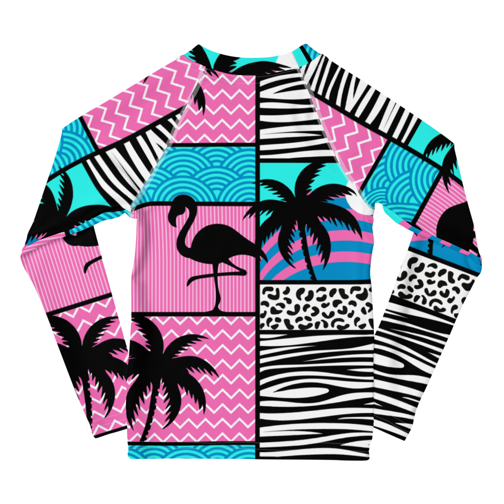kids long sleeve rash guard swim top UPF50 miami by night blue pink art deco.