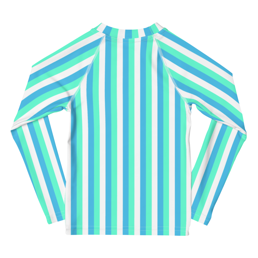 kids long sleeve rash guard swim top UPF50 miami by day neon blue green stripes.