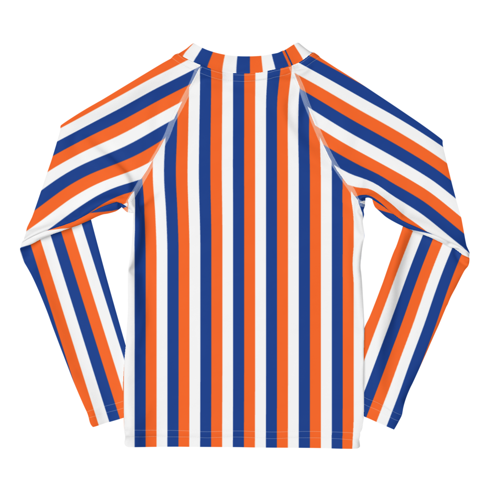 kids long sleeve rash guard swim top UPF50 new york by day orange blue indigo stripes.