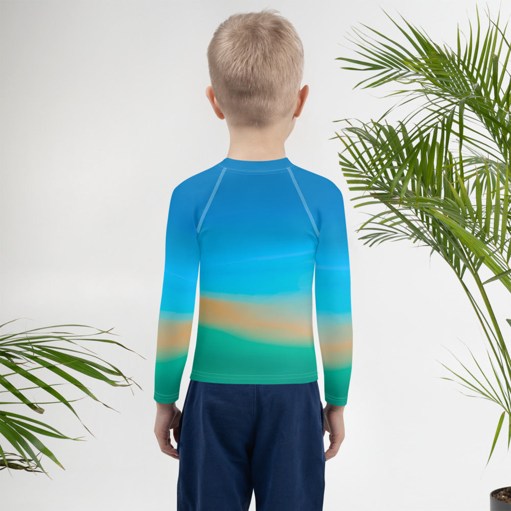 YMT classics kids long sleeve rash guard swim top UPF50 beach impression.