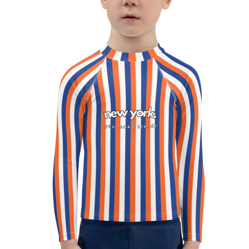 kids long sleeve rash guard swim top UPF50 new york by day orange blue indigo stripes.