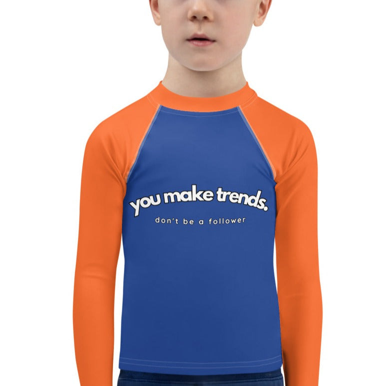 YMT classics kids long sleeve rash guard swim top UPF50 by night indigo blue orange.