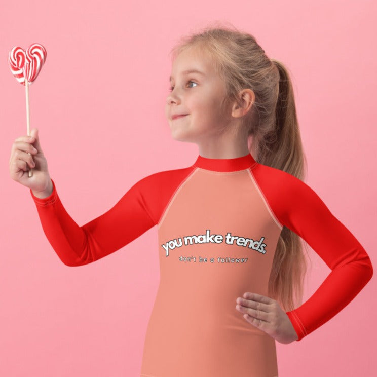 YMT classics kids long sleeve rash guard swim top UPF50 by night red orange coral.