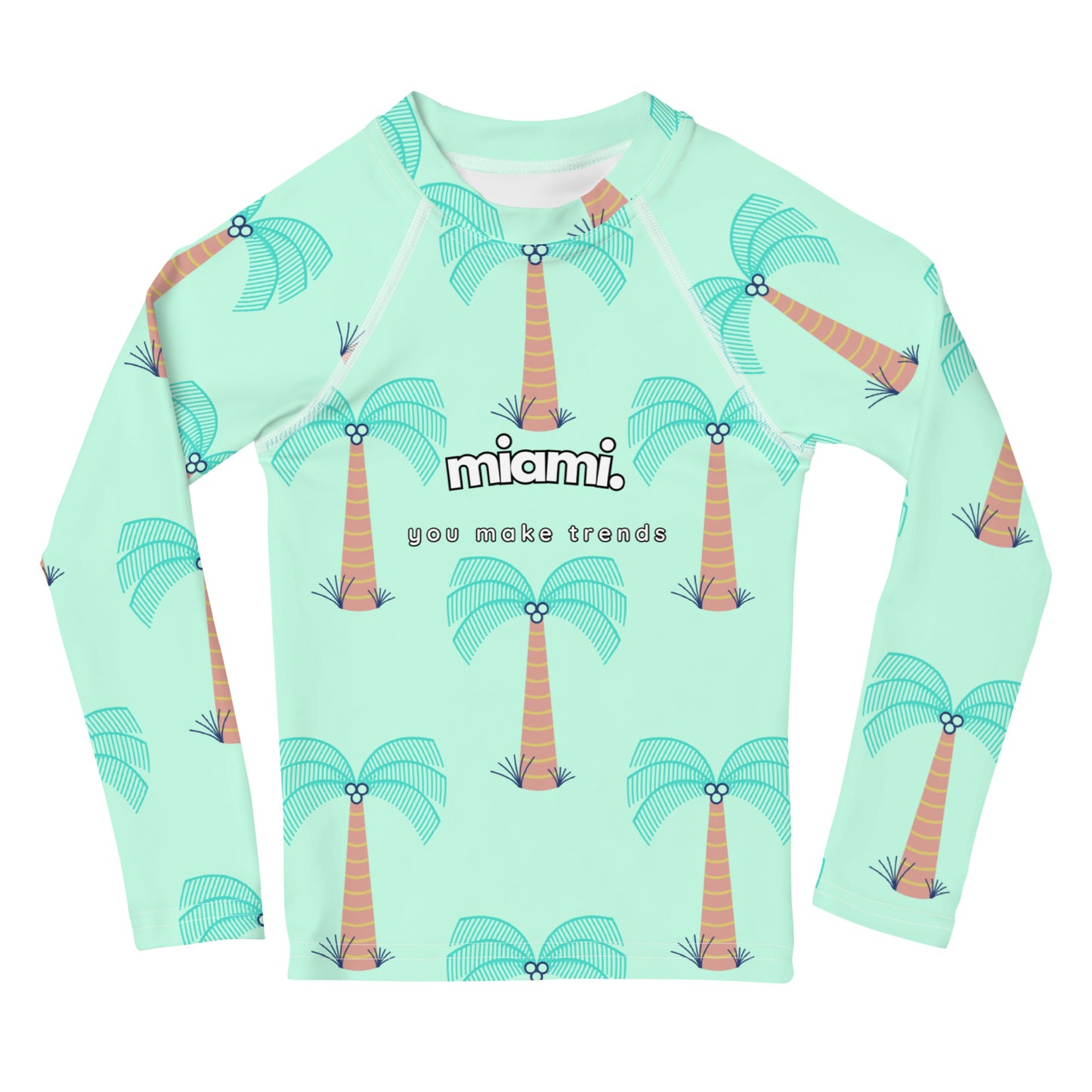 kids long sleeve rash guard swim top UPF50 miami by night blue green mint palm trees.