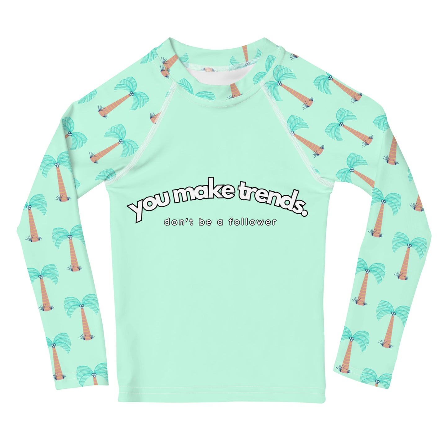 YMT classics kids long sleeve rash guard swim top UPF50 by day blue green mint palm trees.