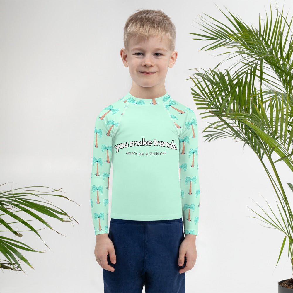 YMT classics kids long sleeve rash guard swim top UPF50 by day blue green mint palm trees.