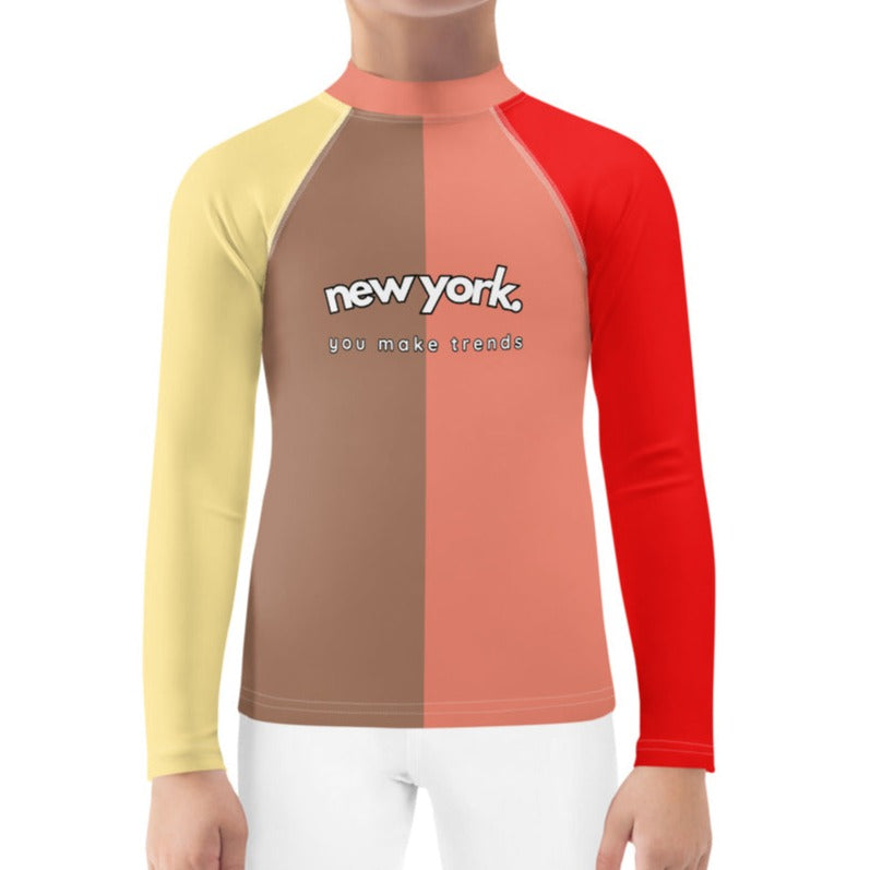 kids long sleeve rash guard swim top UPF50 new york by night colorblock red.
