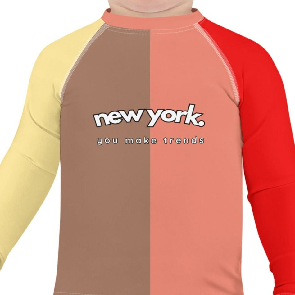 kids long sleeve rash guard swim top UPF50 new york by night colorblock red.