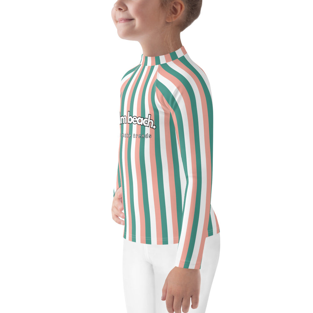kids long sleeve rash guard swim top UPF50 palm beach by day pink green stripes.