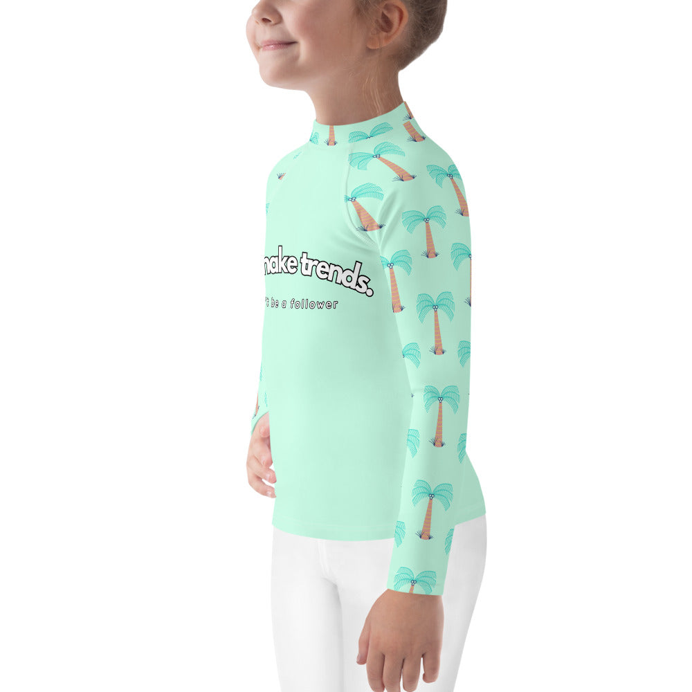 YMT classics kids long sleeve rash guard swim top UPF50 by day blue green mint palm trees.