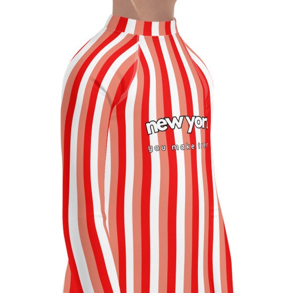 kids long sleeve rash guard swim top UPF50 new york by day pink coral red stripes.