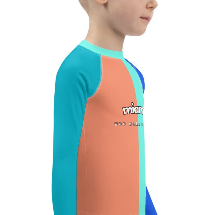 kids long sleeve rash guard swim top UPF50 miami by night colorblock blue.