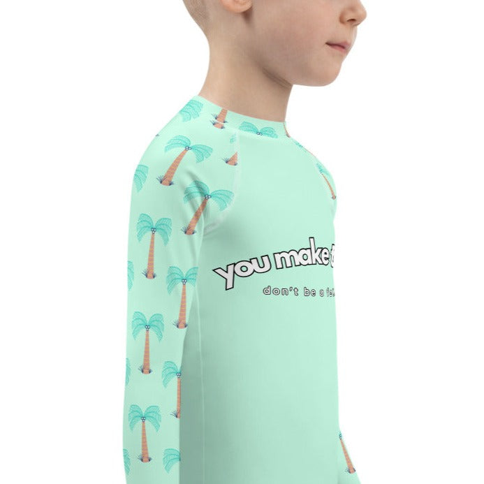 YMT classics kids long sleeve rash guard swim top UPF50 by day blue green mint palm trees.