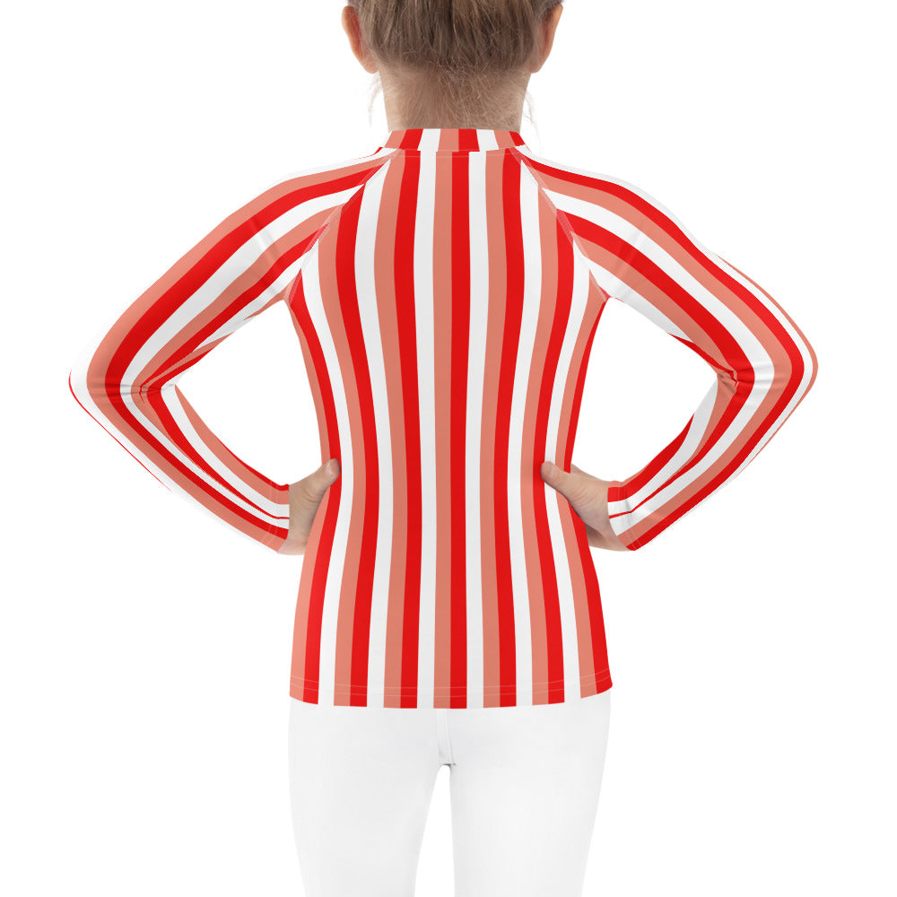kids long sleeve rash guard swim top UPF50 new york by day pink coral red stripes.