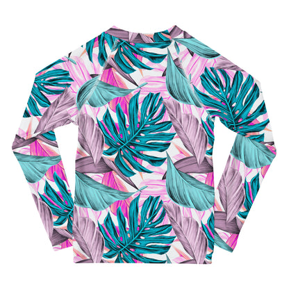 kids long sleeve rash guard swim top UPF50 palm beach by night pink tropical.