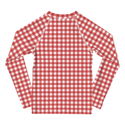 YMT classics kids long sleeve rash guard swim top UPF50 by day red gingham.