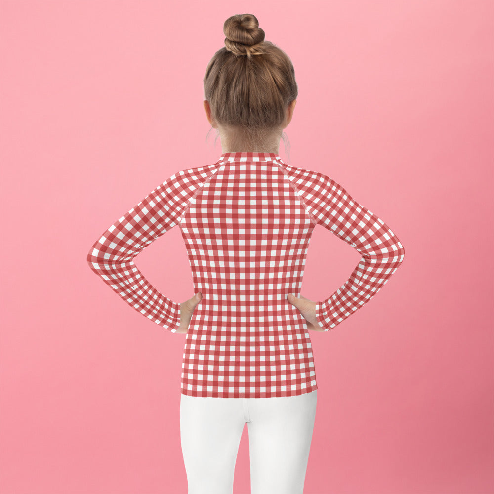 YMT classics kids long sleeve rash guard swim top UPF50 by day red gingham.