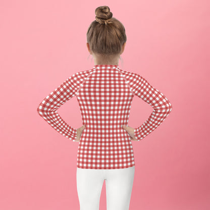 YMT classics kids long sleeve rash guard swim top UPF50 by day red gingham.