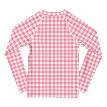 YMT classics kids long sleeve rash guard swim top UPF50 by day pink gingham.