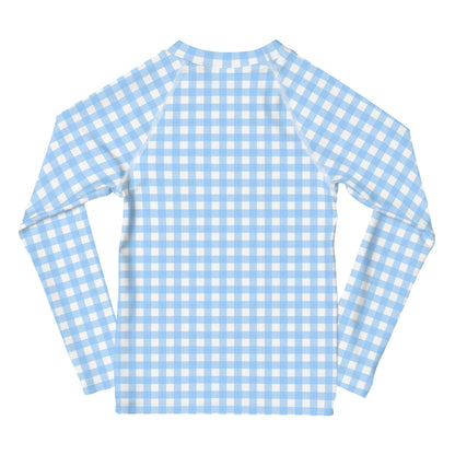 YMT classics kids long sleeve rash guard swim top UPF50 by day baby blue gingham.