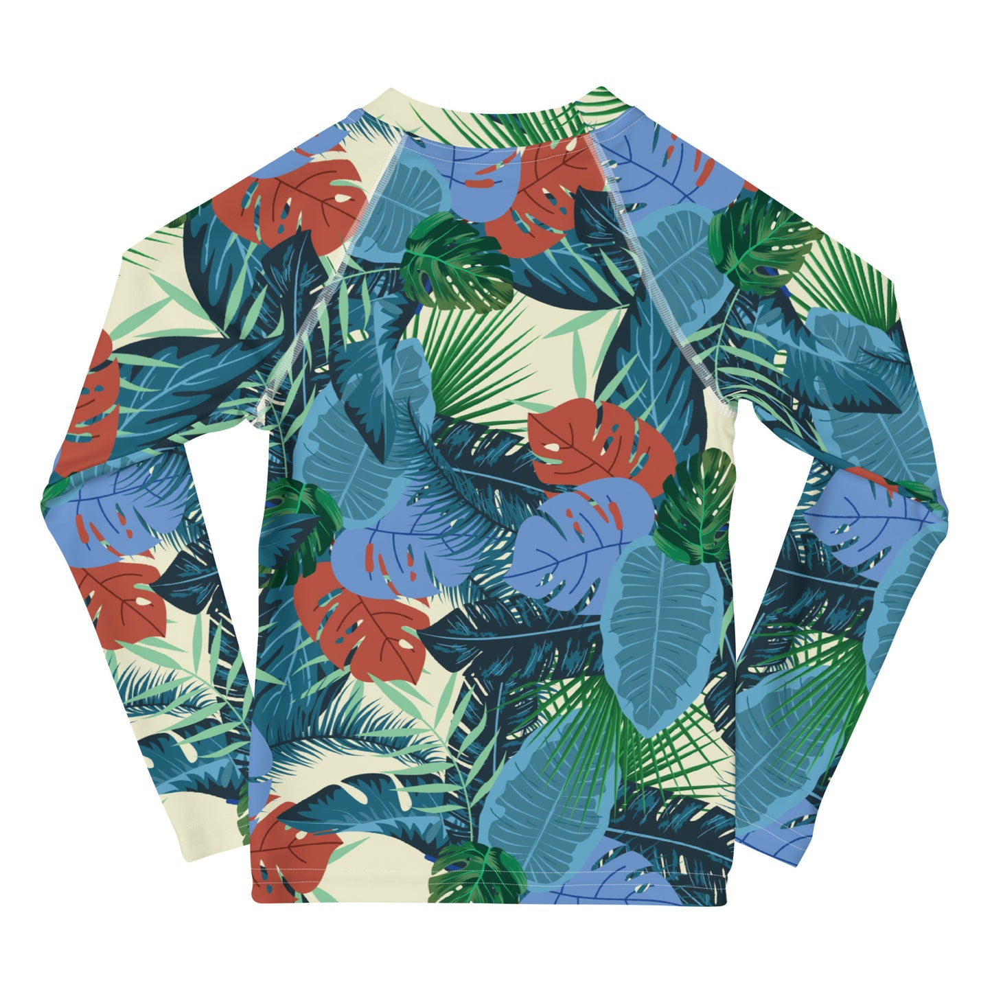 kids long sleeve rash guard swim top UPF50 palm beach by night blue tropical.