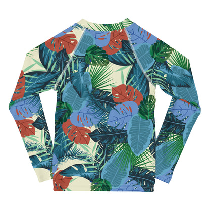 kids long sleeve rash guard swim top UPF50 palm beach by night blue tropical.