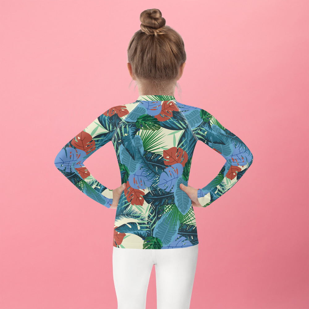 kids long sleeve rash guard swim top UPF50 palm beach by night blue tropical.