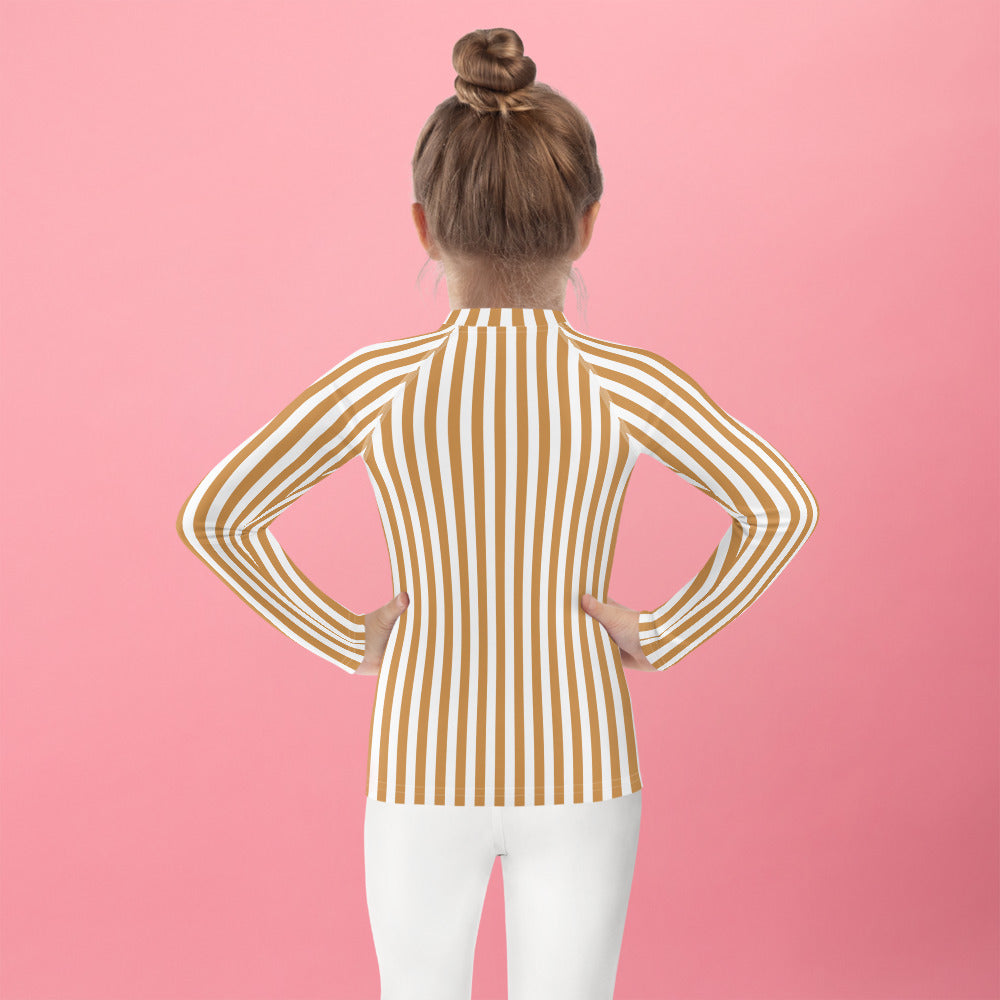 YMT classics kids long sleeve rash guard swim top UPF50 by day yellow orange brown mustard stripes.