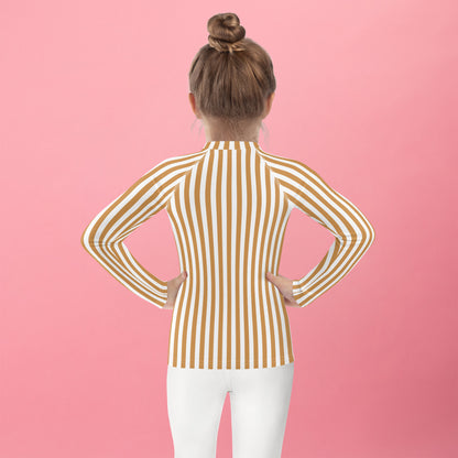 YMT classics kids long sleeve rash guard swim top UPF50 by day yellow orange brown mustard stripes.