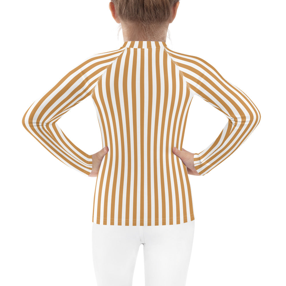 YMT classics kids long sleeve rash guard swim top UPF50 by day yellow orange brown mustard stripes.