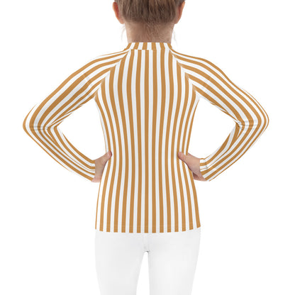 YMT classics kids long sleeve rash guard swim top UPF50 by day yellow orange brown mustard stripes.
