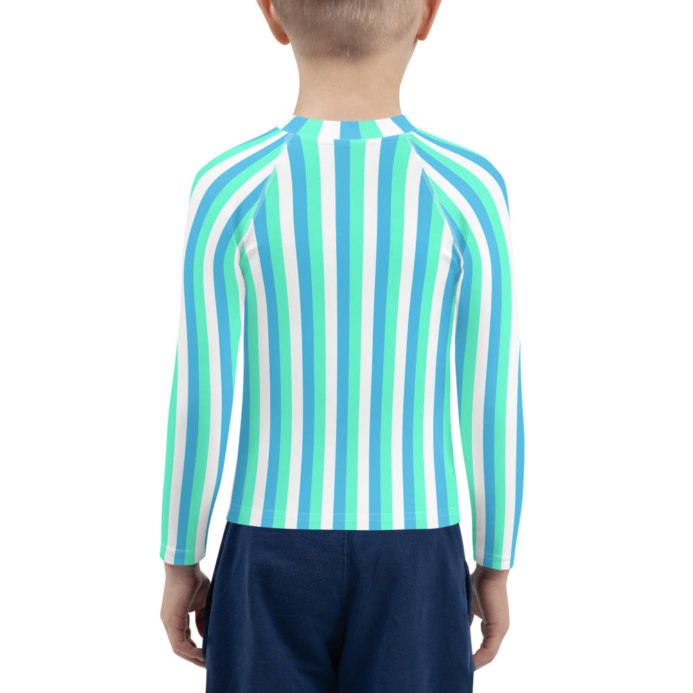 kids long sleeve rash guard swim top UPF50 miami by day neon blue green stripes.