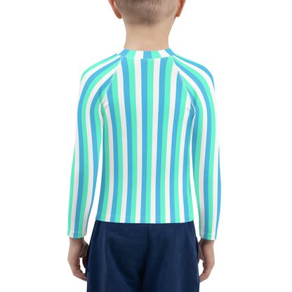 kids long sleeve rash guard swim top UPF50 miami by day neon blue green stripes.