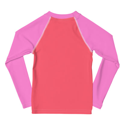 YMT classics kids long sleeve rash guard swim top UPF50 by night neon pink coral.