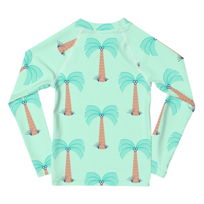 kids long sleeve rash guard swim top UPF50 miami by night blue green mint palm trees.