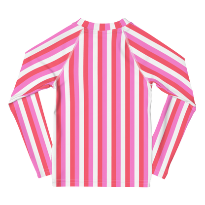 kids long sleeve rash guard swim top UPF50 miami by day neon pink coral stripes.