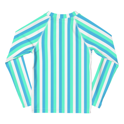 kids long sleeve rash guard swim top UPF50 miami by day neon blue green stripes.