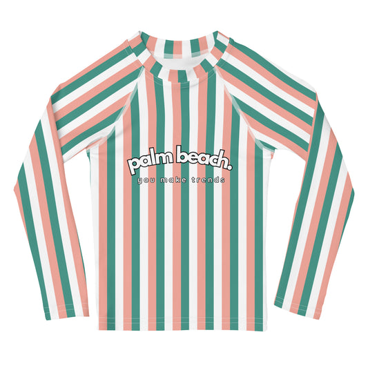 kids long sleeve rash guard swim top UPF50 palm beach by day pink green stripes.