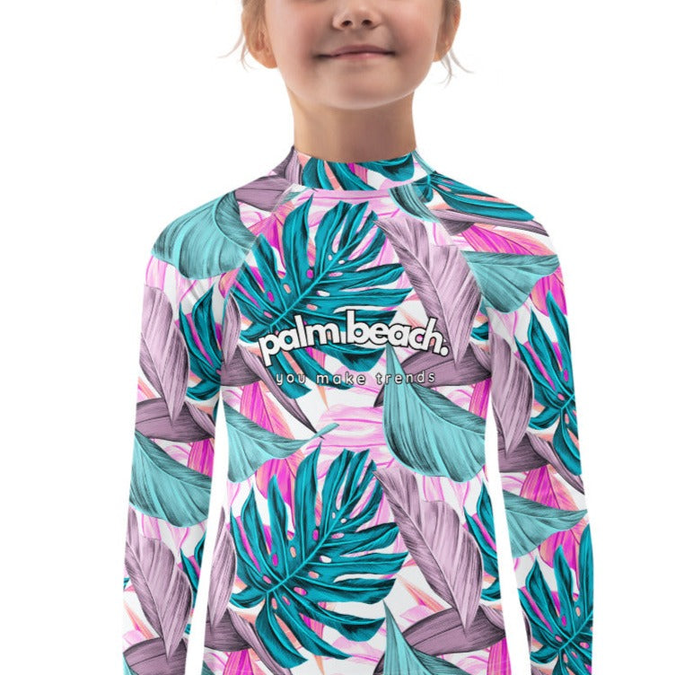 kids long sleeve rash guard swim top UPF50 palm beach by night pink tropical.
