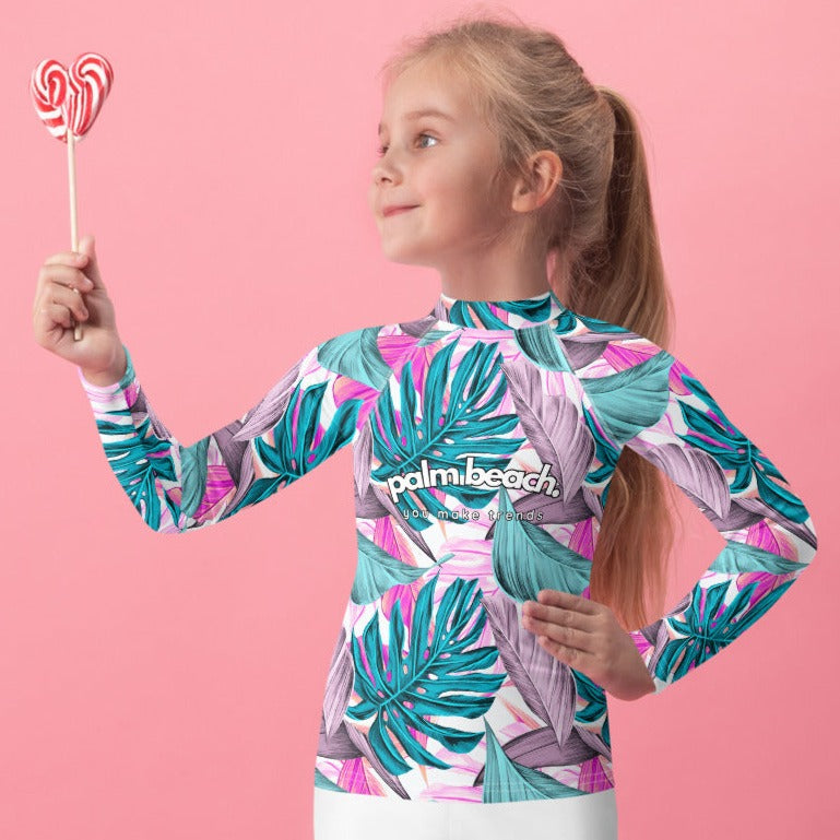 kids long sleeve rash guard swim top UPF50 palm beach by night pink tropical.