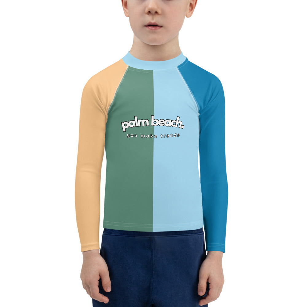 kids long sleeve rash guard swim top UPF50 palm beach by night colorblock blue.