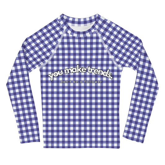 YMT classics kids long sleeve rash guard swim top UPF50 by day dark blue gingham.