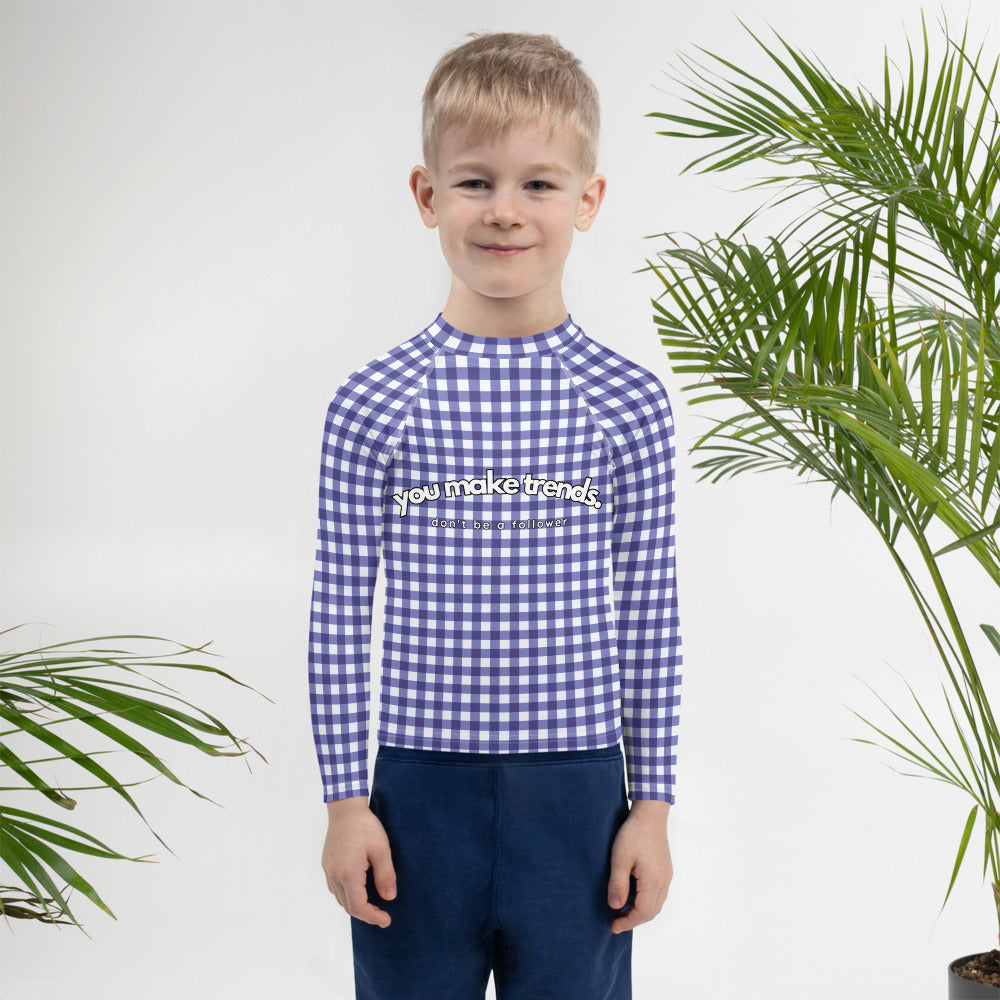 YMT classics kids long sleeve rash guard swim top UPF50 by day dark blue gingham.