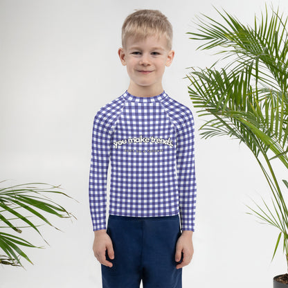 YMT classics kids long sleeve rash guard swim top UPF50 by day dark blue gingham.