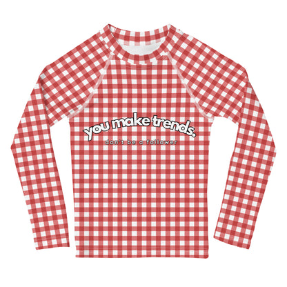 YMT classics kids long sleeve rash guard swim top UPF50 by day red gingham.